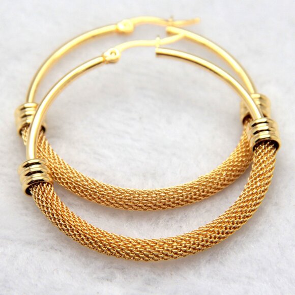 18K Gold Plated Mesh Hoop Earrings Waterproof, Tarnish-Resistant Stainless Steel - Picture 1 of 2
